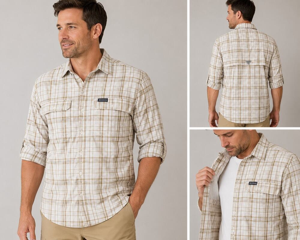 Columbia Omni Shade Mens L Plaid Fishing Hiking Shirt UPF 50 NWT Beige Tan
